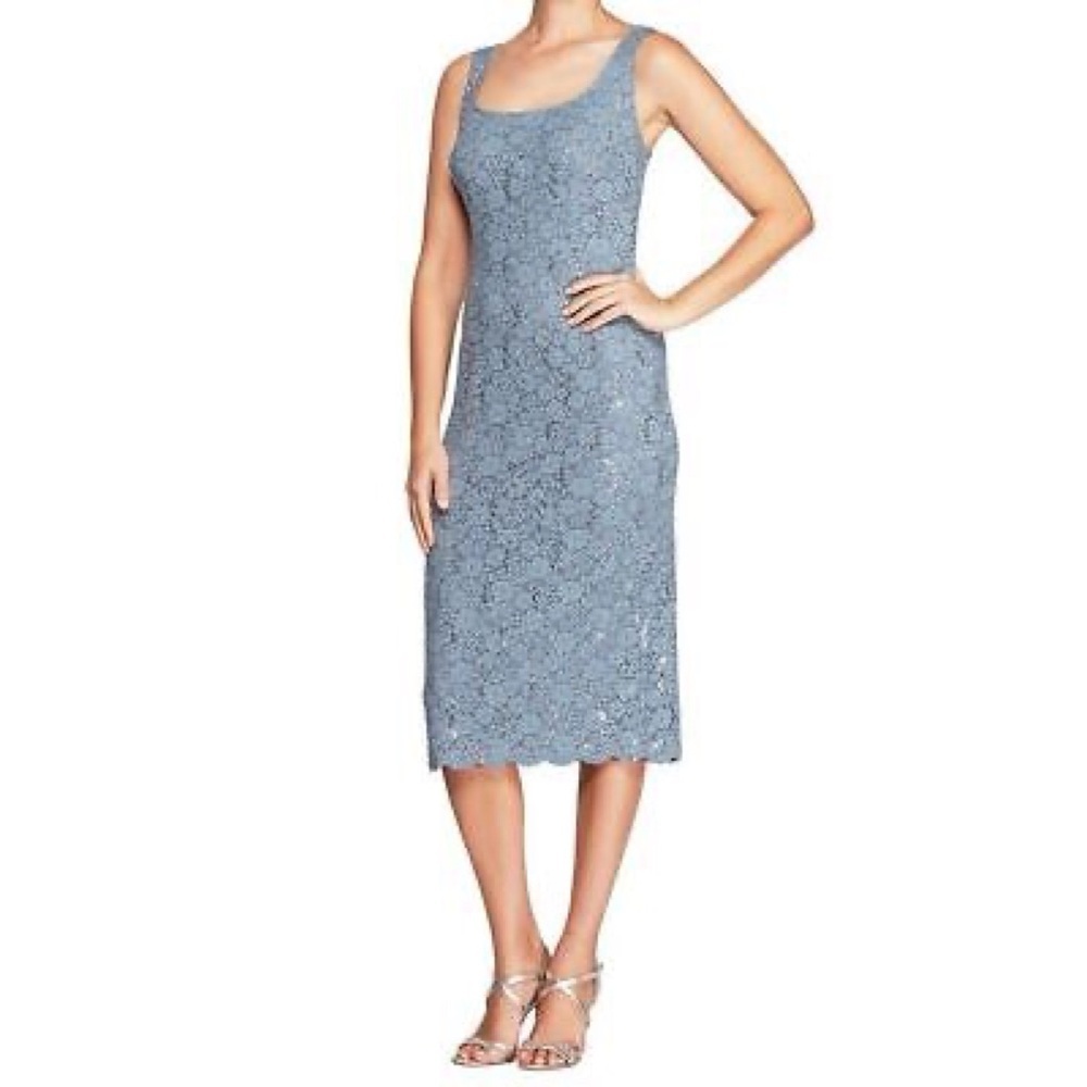 Alex Evenings Powder Blue Lace Scoop Neck Midi Dress